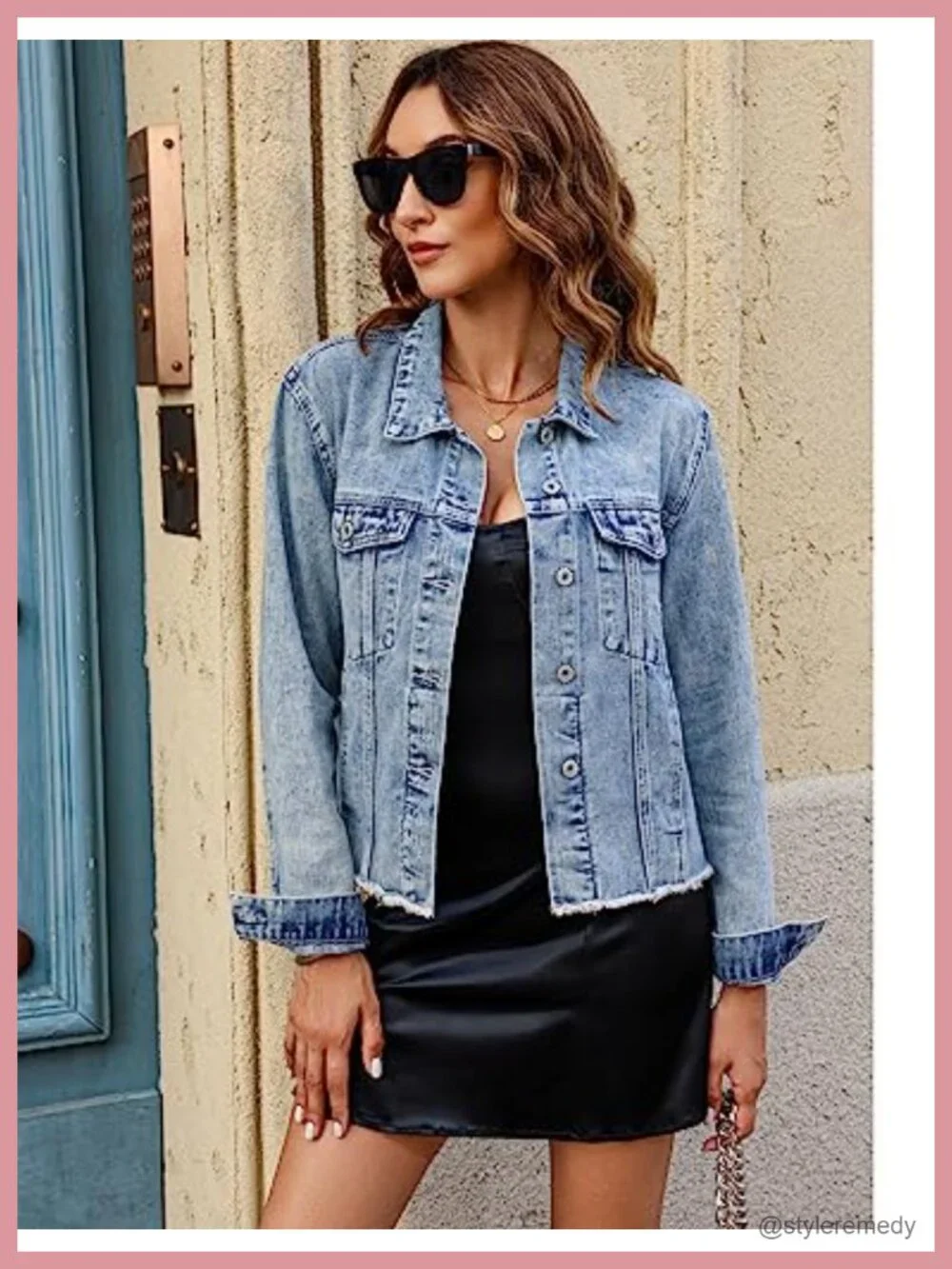 Women's Distressed Denim Jacket Button Up Vintage Western Trucker Frayed Hem